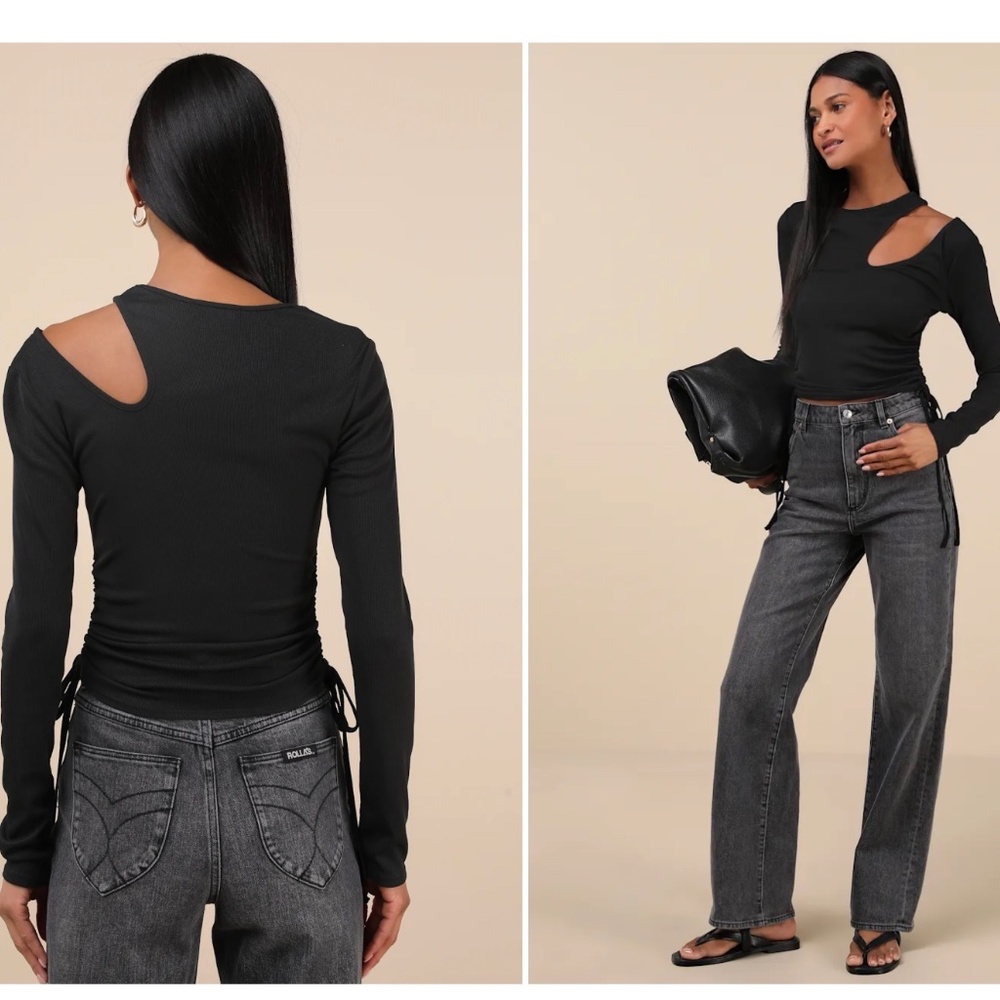 -Lulus-Exceptional Fit Black Cutout Long Sleeve Drawstring Crop Top